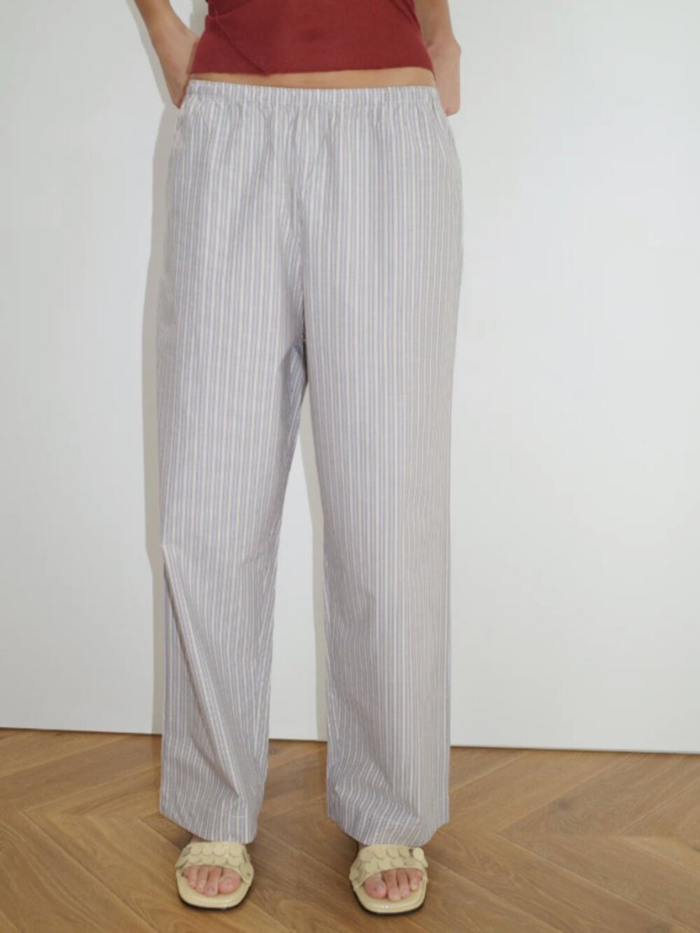 Deiji Studios- Striped Lightweight Wide-Leg Trousers - White/Gray
